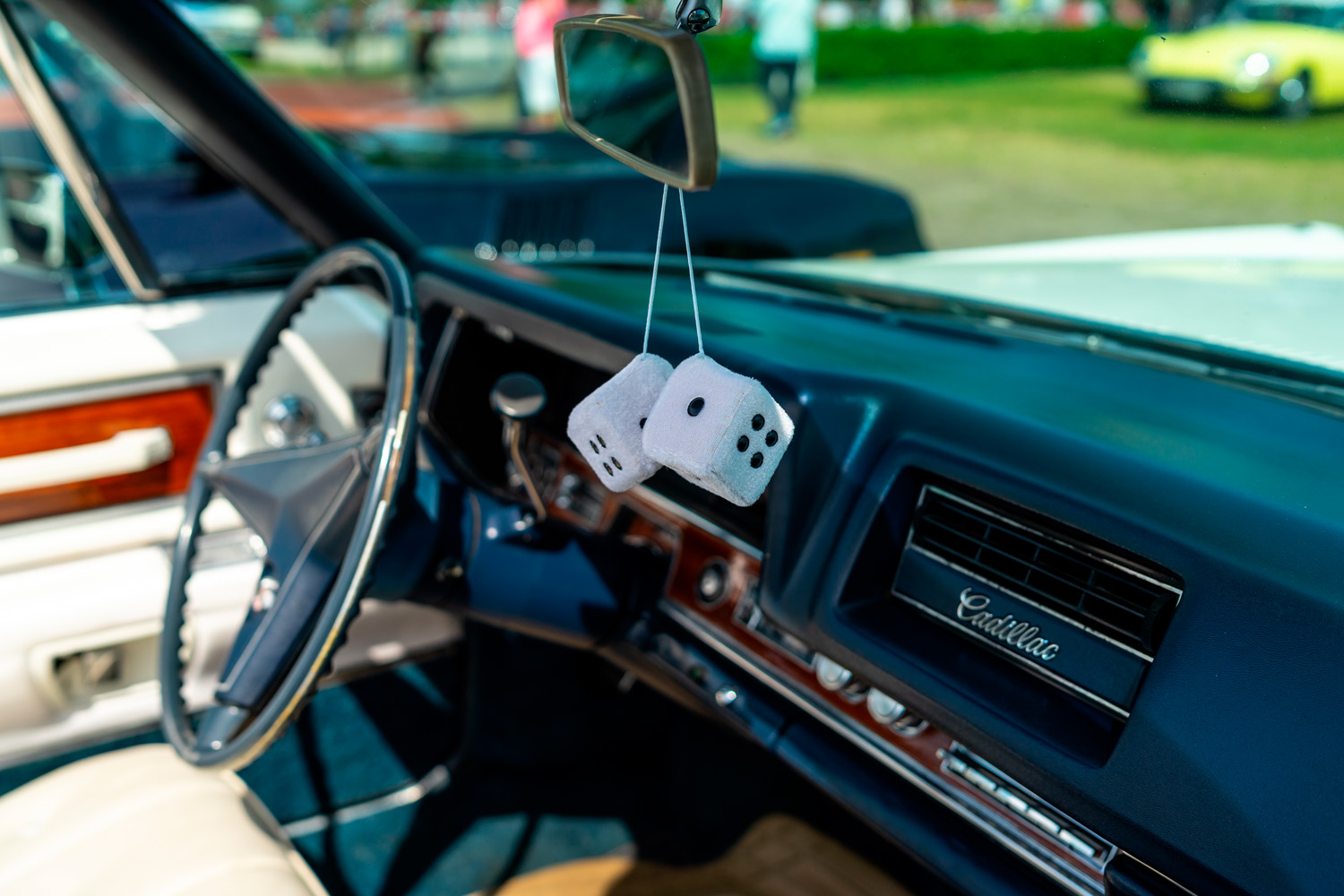 PAAREN IM GLIEN, GERMANY - MAY 19, 2018: Decoration in the cabin of a full-size luxury car Cadillac de Ville convertible (third generation), 1968. Focus on the foreground.