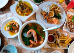 Deep-fried eggplant, Tuna Steak and Steamed Shrimp dishes on the table, Philippines Filipino Food