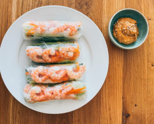 Overhead view of fresh Vietnamese spring roll, also known as Gỏi cuốn