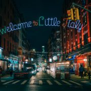 Welcome to Little Italy sign at night, Manhattan, New York