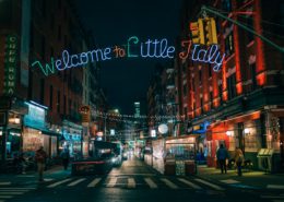 Welcome to Little Italy sign at night, Manhattan, New York