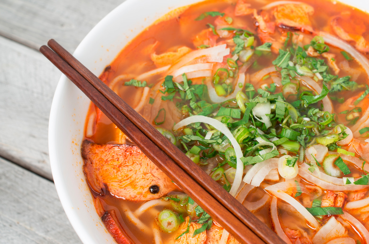 Vegetarian central Vietnamese hot and spicy soup with a pair of chop sticks, Bun Bo Hue chay
