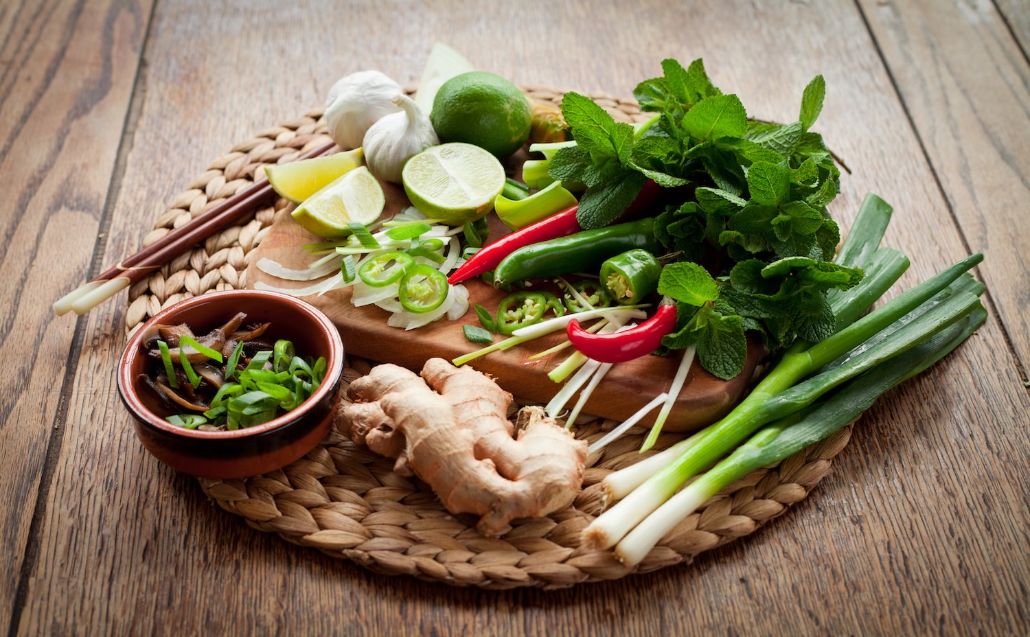 vietnamese ingredients on woven board Vietnamese Pantry Staples